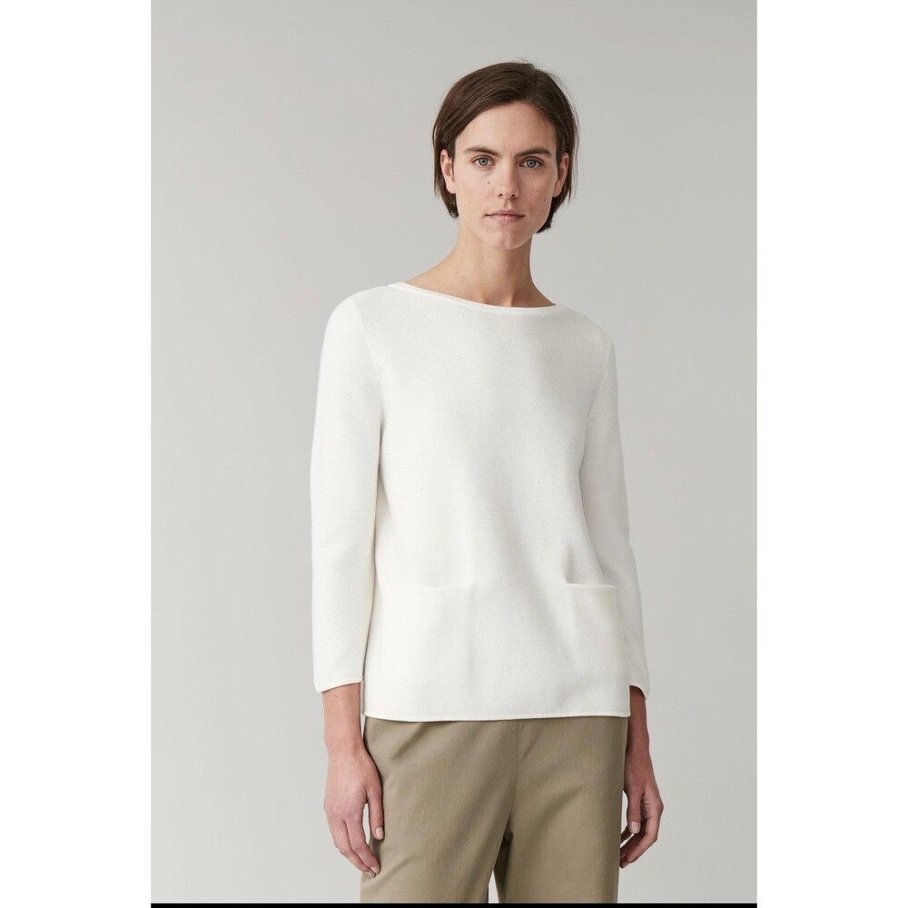 COS Sweater Womens L White 100% Cotton Boat Neck 3/4 Sleeve Knit Pockets